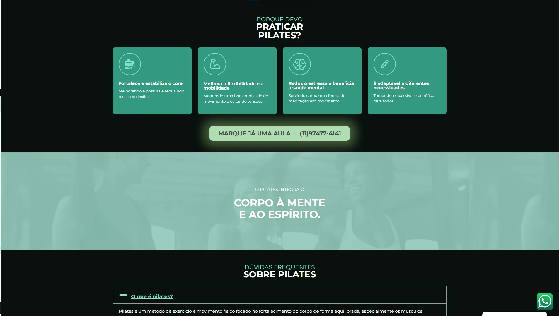 Seção sobre prática de Pilates do site Voll Higienópolis