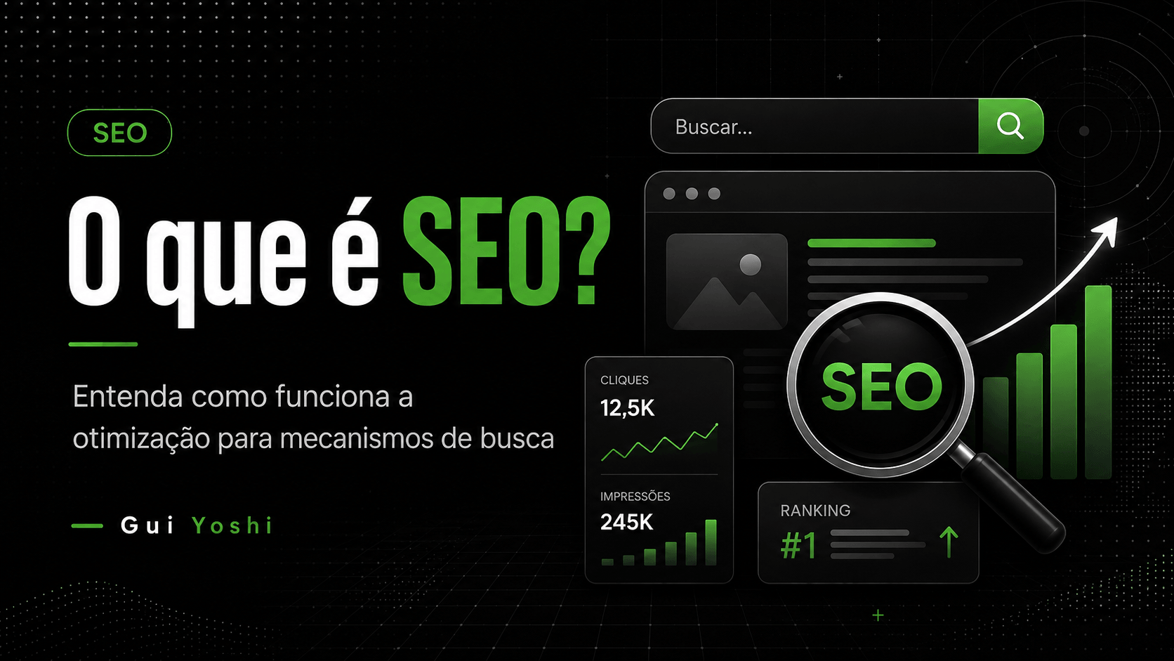 O que é SEO: ilustração com busca, gráficos e análise de desempenho